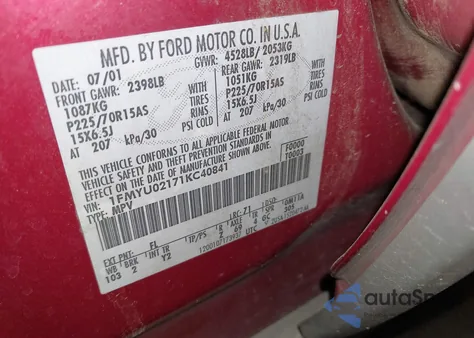 2001 Ford Escape Xls из США, поврежденный, VIN 1FMYU02171KC40841